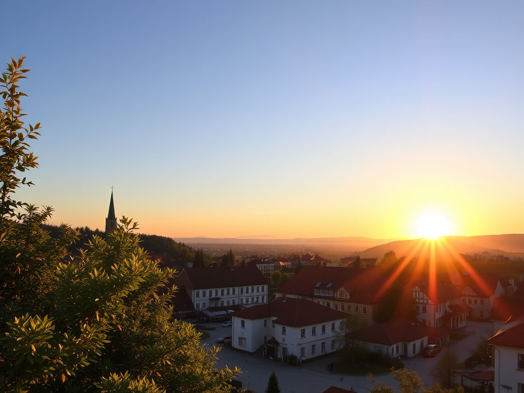 Malowniczy widok na Kudowę-Zdrój podczas majówki z zielenią i górami w tle.